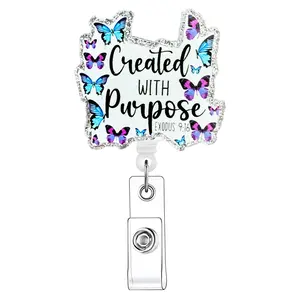 Butterfly & Letter Pattern Retractable Badge Reel, Badge Decoration, 1 Count Acrylic ID Holder with Clip, Identification Badges & Supplies for Nurses Doctors Students Office Staff
