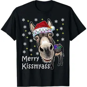 Merry Kiss My Ass Donkey Wearing Santa Hat Lights Unisex T-Shirt Top