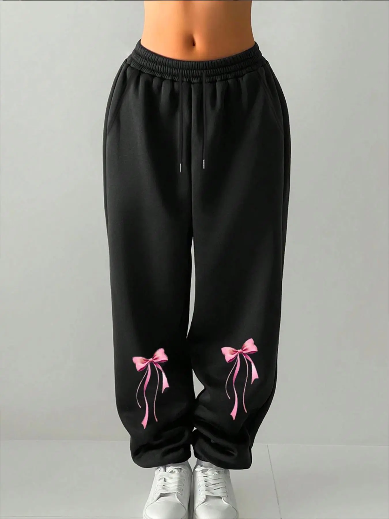 Women's Bow Print Drawstring Adjustable Waist Sweatpants, Casual Comfy Loose Elastic Waist Pocket Jogger Pants for Daily Wear, Ladies Bottoms for Summer