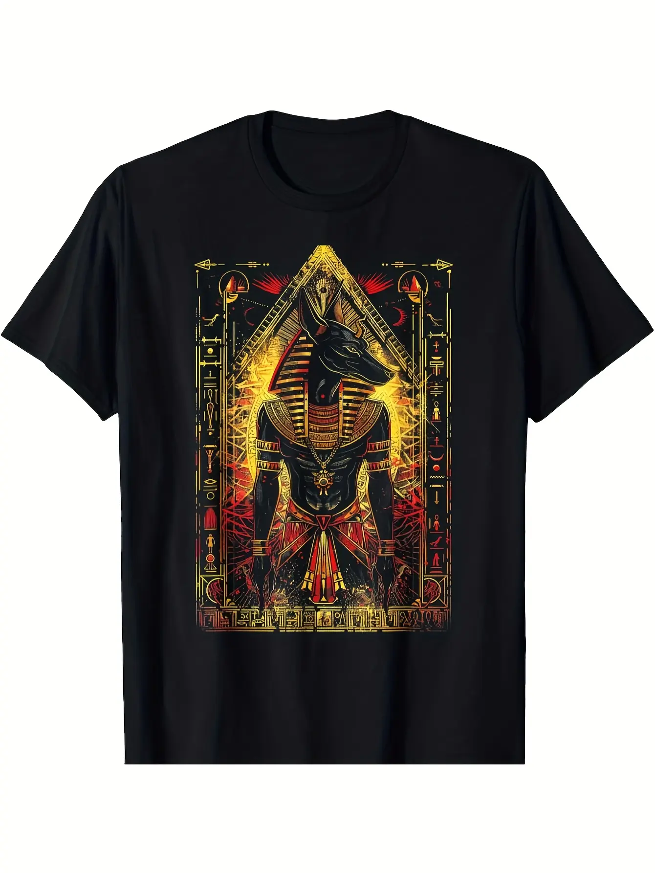 Men's Egyptian Anubis & Ra Gods Graphic T-Shirt - Black Cotton Tee with Golden borders Soft Breathable Crew Neck Shirt for Cosplay Themed Parties & Everyday Ancient Egyptian Apparel - Machine Washable Vintage Egyptian Deity Design Cosplay Costume Mytholog