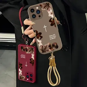 Vintage Floral Aesthetics Lanyard Cellphone Casing for iPhone 12 Pro, Matte Finish Anti-Drop Bumper Smartphone Accessory, Christian Psalms 46:5 Cross Handheld Religious Birthday Gift For Her