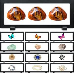 12 Pcs 3D Floating Display Case Floating Frame Display Holder Stand Challenge Coin Jewelry Frame Box for AA Medallions Fossil Rock Gemstones Specimen(Black,9.1 x 3.5 x 0.8 Inch,Square Base)
