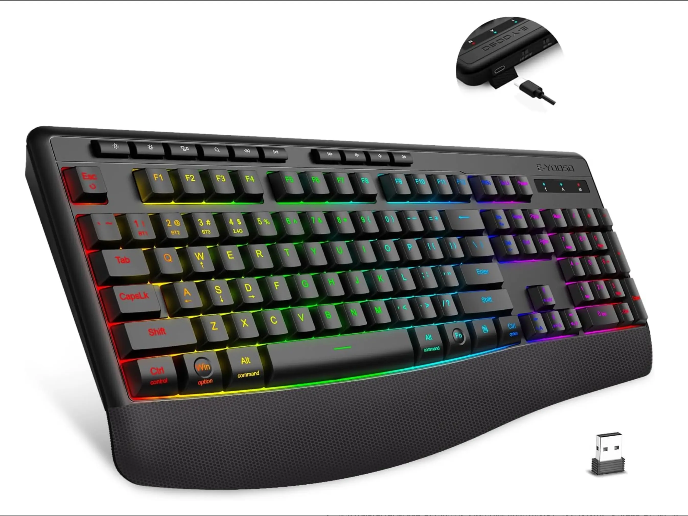 E-YOOSO Tri-Mode Wireless Mechanical Feel Keyboard - 104 Keys Full-Size Silent Quiet Keys - 8 RGB Backlit - BT5.0/2.4G/Wired - Ergonomic Palm Rest for Windows, Mac, Laptop, PS5, Xbox, 365-Day Standby Time, Auto-Sleep Triggers, Batteries, Backlighted Keys