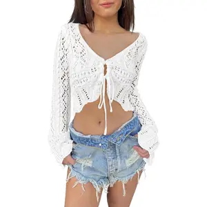 Saodimallsu Womens Crochet Crop Tops Tie Front Bell Long Sleeve Cardigan V Neck Lightweight Knit Shrug Sweaters