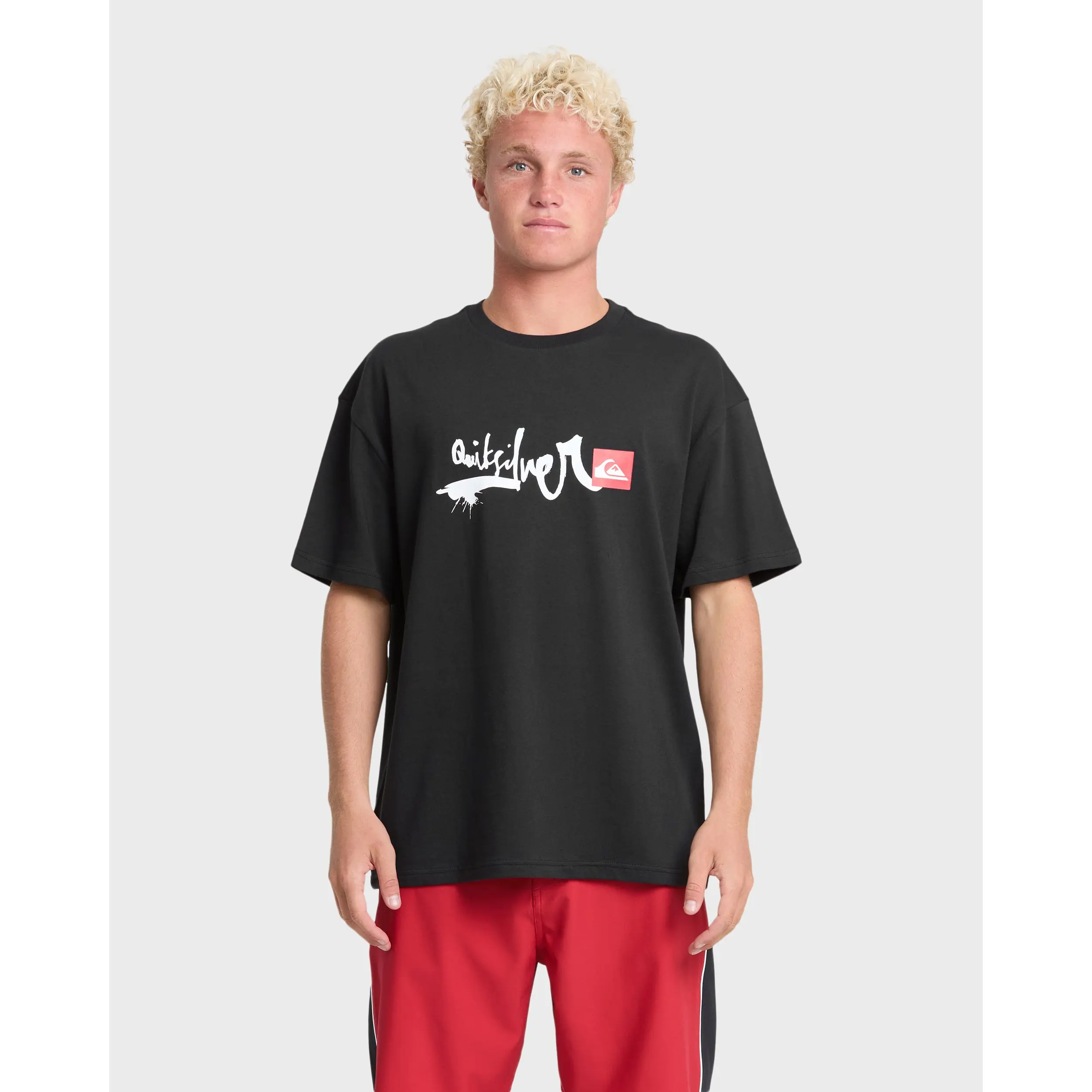 Quiksilver | Young Guns Script Sticker Slap Short Sleeve Knit T-shirt | Men's 100% Cotton Breathable Allover Print | Casual Beach And Everyday Wear