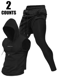 Men's Letter Print Hooded Tank Top & Leggings, Casual Comfy Breathable Sleeveless Top & Skinny Pants Set for Summer, Men's Sleepwear for Indoor Wear