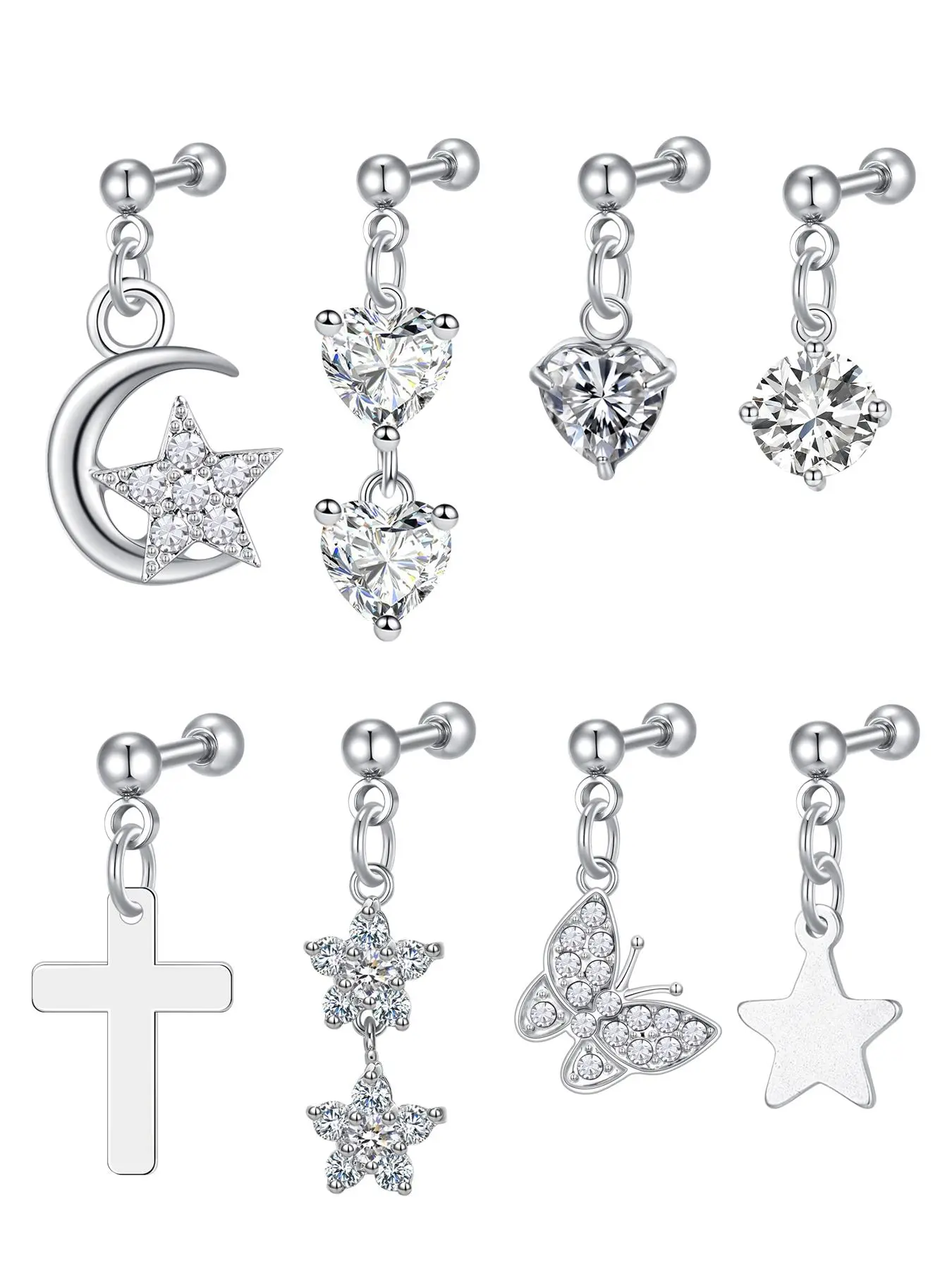 Cute Cartilage Earring Stud Dangle, Helix Piercing Jewelry for Women, Stainless Steel CZ Tragus Piercing Jewelry, Star Heart Butterfly Cross Stud Earrings, Versatile Earrings, Earring Set