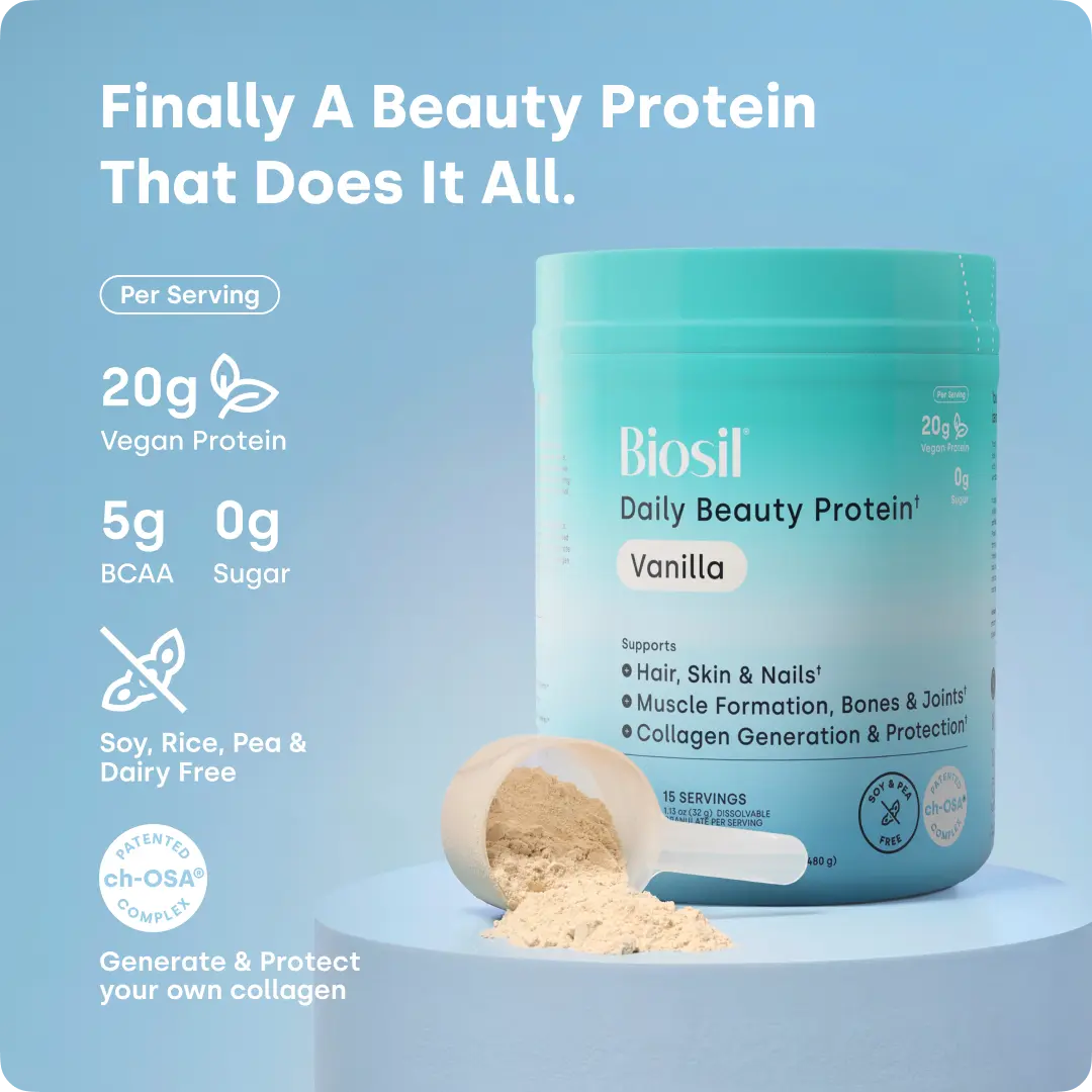 Biosil Daily Beauty Protein Vanilla – 20g Vegan Protein | Collagen Support | Beauty From Within | 0g Sugar