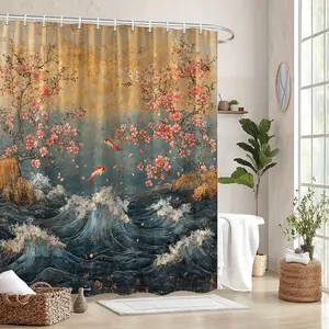1pc Traditional Japanese Seascape Shower Curtain with Cherry Blossoms and Koi Fish, Gentle Waves, Tranquil Aesthetic for Bathroom, Machine Washable Polyester, 70. 86x70. 86in, 12 Hooks, Perfect for Housewarming Gifts