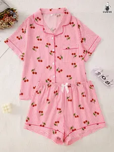 Women's Plus Size Bubble Pleated Homewear Pajama Set, Striped Small Cherry Print Short Sleeve Shorts, Button Front Sleepwear Pyjamas Pajamas Set