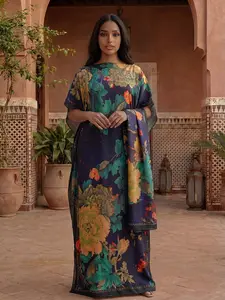 Women's Elegant Chic Floral Print Robe Set, Casual Classy Elegant, Spring Summer Thin Light Loose Fit Long Gown with Shawl Scarf, Beach Sun Protection Satin Silk, Womenswear