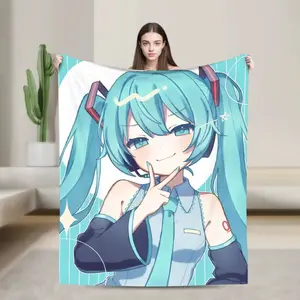 Hatsune Miku Peace Sign Flannel Blanket Teal Vocaloid Anime Cozy Throw for Fans Kawaii Design Soft Microfiber Fade-Resistant Print