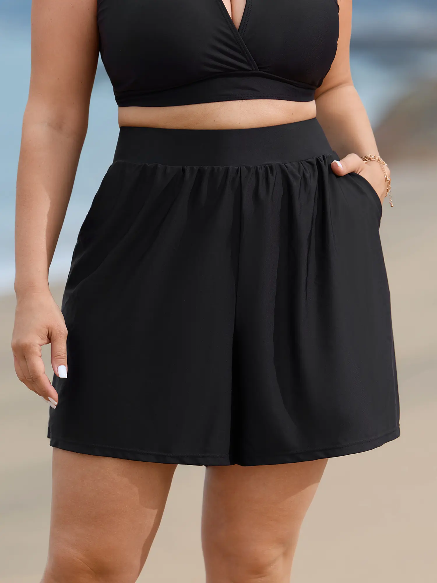 BLOOMCHIC Plus Size High Rise Swim Bottoms - Nylon Blend Solid, Pleated Gathered Waist, Tummy Control, Pockets, M-6X Sizing,Swim Shorts Swimtrunks Swimmingshorts,Summerfinds