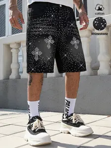 Rhinestone Starry Cross Loose Casual Streetwear Shorts for Men, adorned with dazzling white rhinestones, add a pop of color to the summer street style and create a fresh and casual vacation vibe, Casual Fashion Shorts