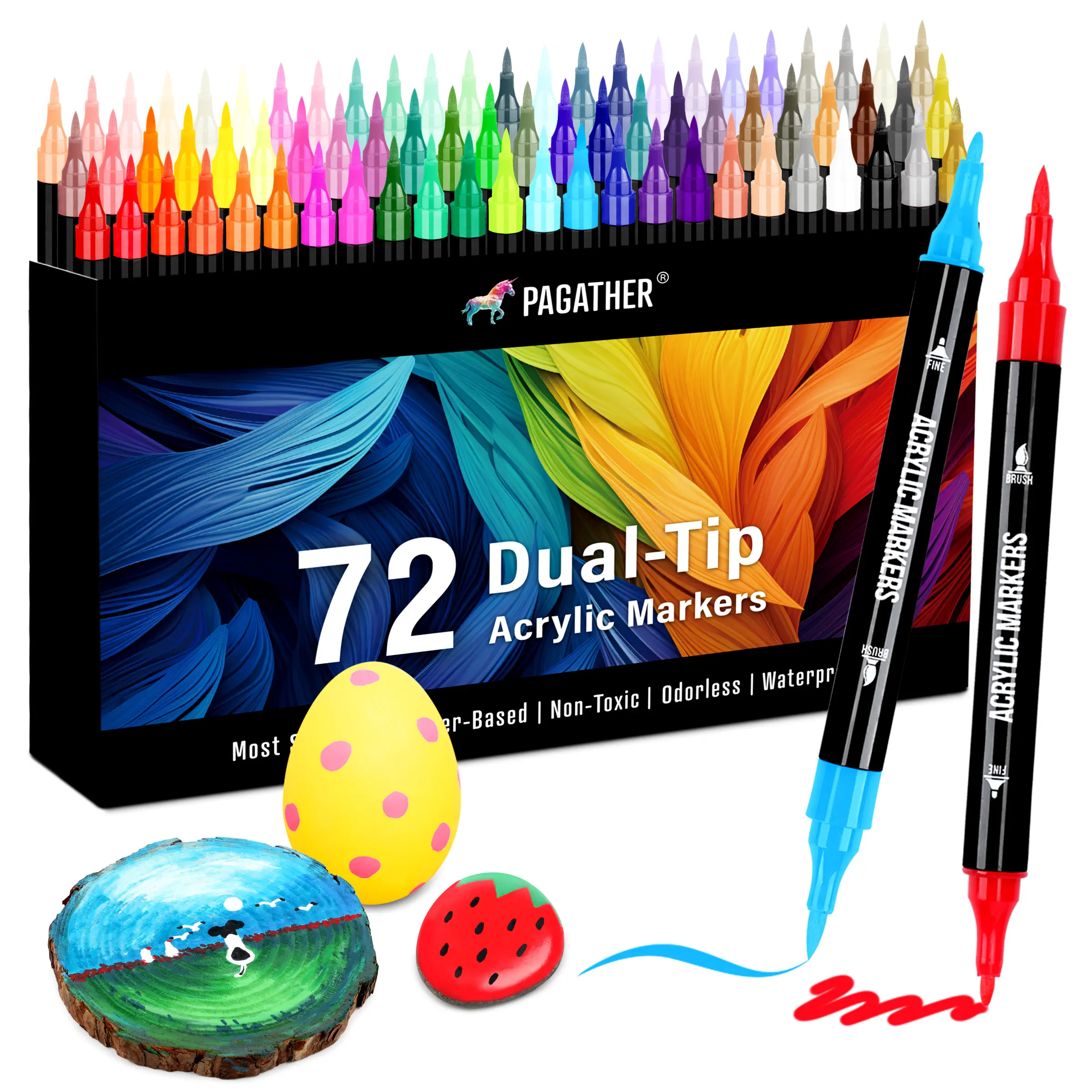 Acrylic Paint Markers, Dual Tip with Fine Tip and Brush Tip Pens for Stone, Wood, Calligraphy, Canvas, Ceramic, Metal, Glass, Rock Painting, DIY Crafts Art Supplies Kit