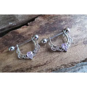 Silver Pink Crystal Gems 14G or 16G Feminine Nipple Shields Pair Set