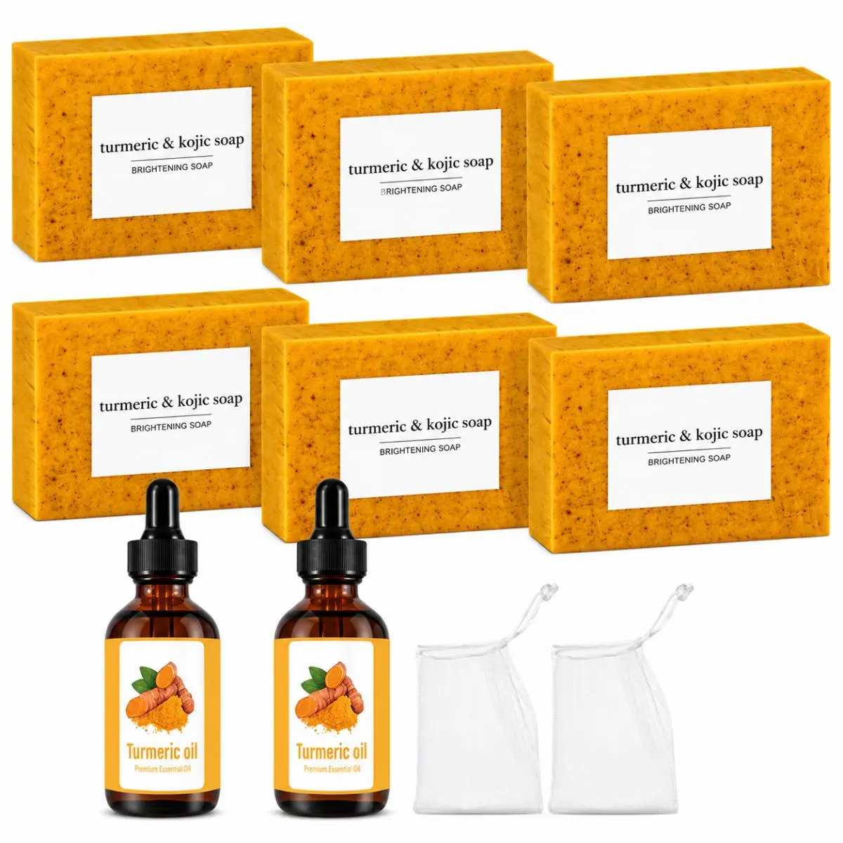 Turmeric Soap & Essential Oil Body Care Kit, 6+2 Pieces Anti-inflammation Cosmetic Set with Foaming Nets for Men & Women, Avoid Eyes, Multi-Pack, 6Pcs Turmeric Soap +2 Pcs Essential