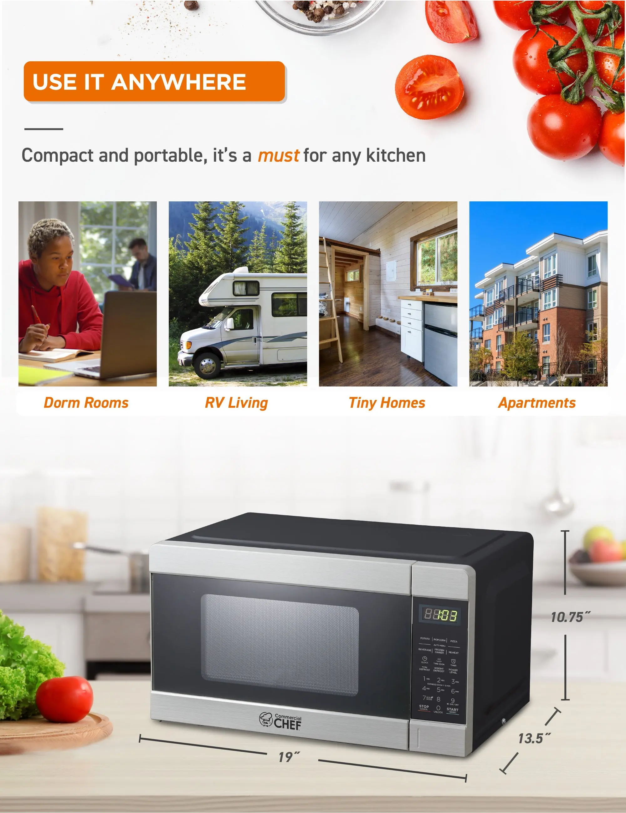 COMMERCIAL CHEF 0.9 Cu Ft Microwave with 10 Power Levels, Push Button and Child Lock, 900 Watt Microwave with Digital Controls, Countertop Microwave with Timer and Quick-Touch Menu, Stainless Steel