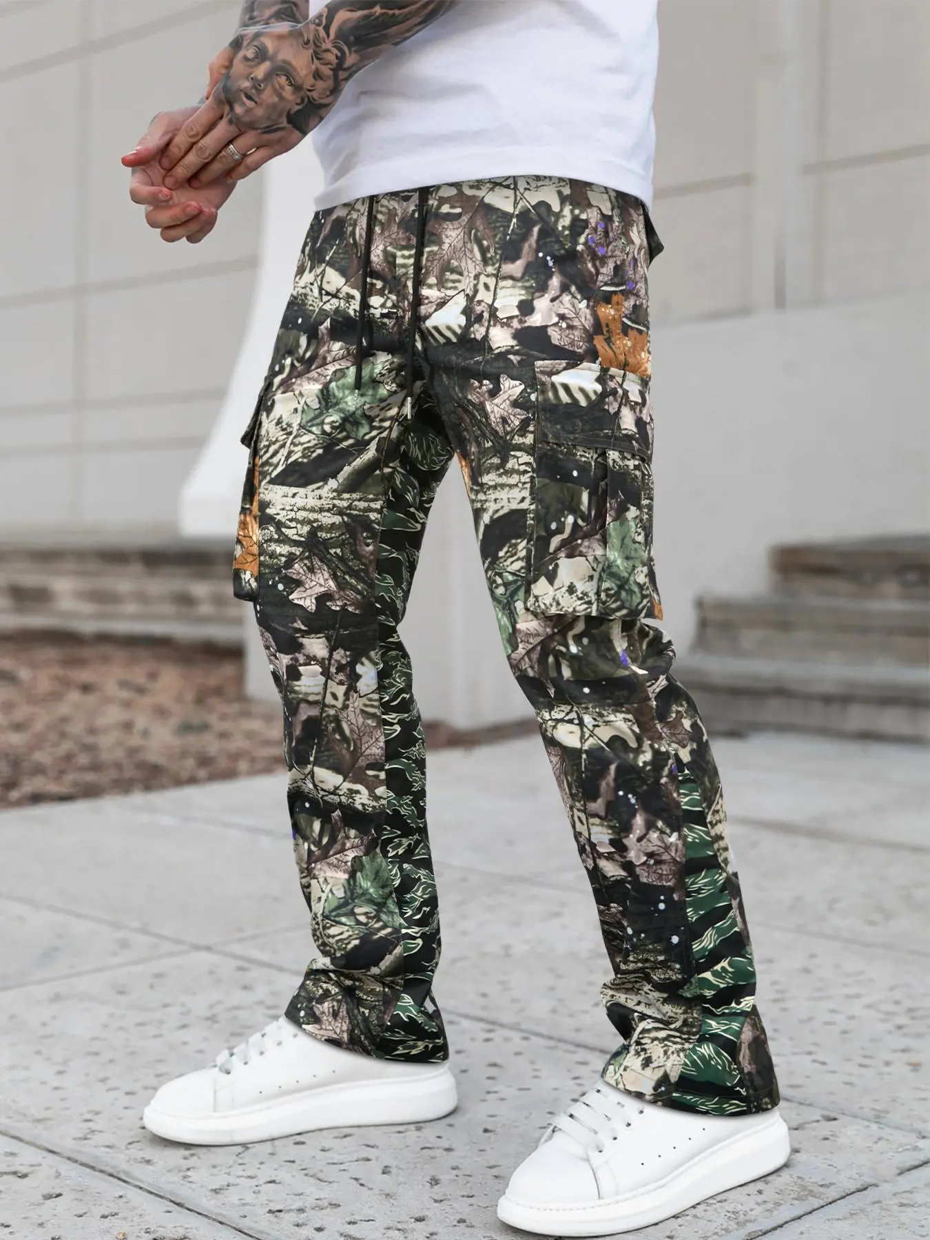 【Black Friday】Unisex Regular Fit Flared Camo Print Camouflage Drawstring Waist Cargo Pants, Men's Street Fashion Casual Cargo Style Fashionable Pocket Trousers For Daily Wear, Fashion Men's Bottoms For All Seasons, Casual Streetwear Trousers