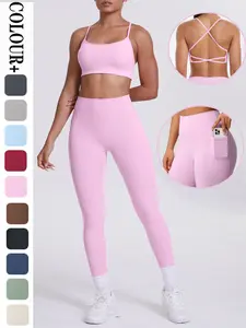 2 Piece Women Solid Color Nylon Yoga Suit Set Workout Sets Fitness Sports Tight Fitting Breathable Activewear Clothes Breathable Back Bra Outdoor Cycling Running Sports Abdominal Hip Lifting Yoga Pants Fitness Pants