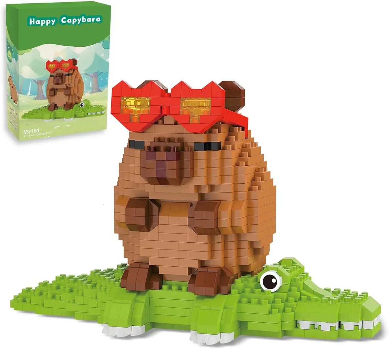 Cute Capybara Riding Crocodile Building Blocks Set with Heart Sunglasses, 3D Micro Mini Bricks Animal Toy Model, Aesthetic Desk Decor Birthday Gift for Kids Teens Adults