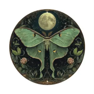Flat Design Two-Dimensional Decorative 8'' Metal Wall Art Sign Featuring a Vintage Green Moth with a Moon And Floral Design, Ideal for Holiday Gifting, Easy to Hang, And a Great Addition to Home Decor