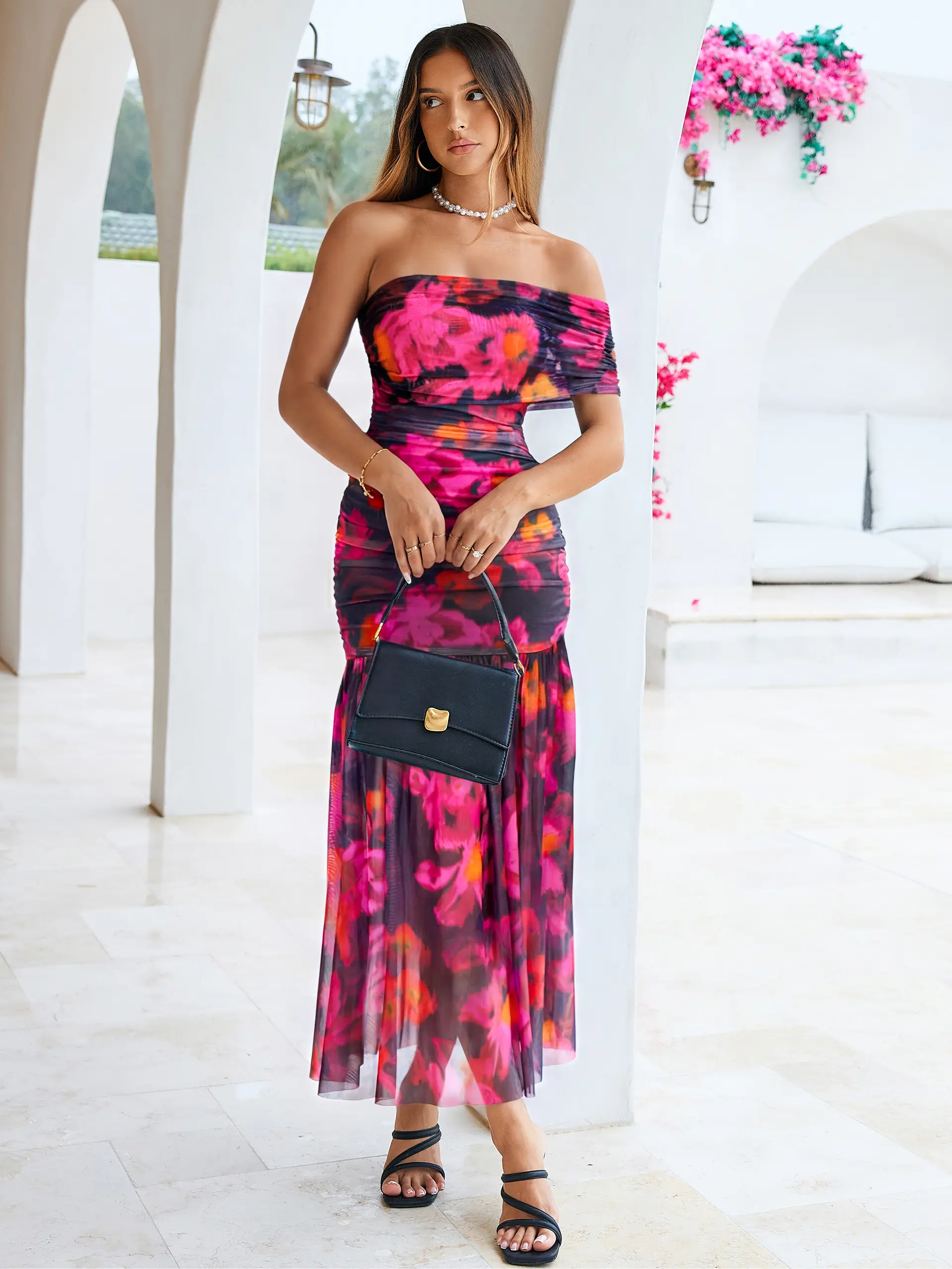 Simplee Summer Bodycon One Shoulder Dress - Mesh Sleeveless Ruched Maxi Dresses - Elegant Floral Print Casual Bodycon Wedding Guest Outfits
