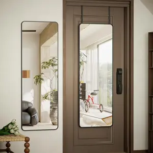 Full Length Mirror 14 x 48 Over The Door Mirror, Aluminum Alloy Large Hanging Mirrors, Wall Mounted Body,Black