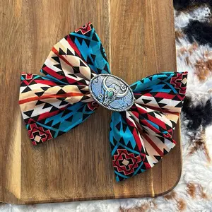 Short Western Blue Azteca Hair Bows with Western Charm Featuring Vibrant Tribal Patterns and Heart Buckle
