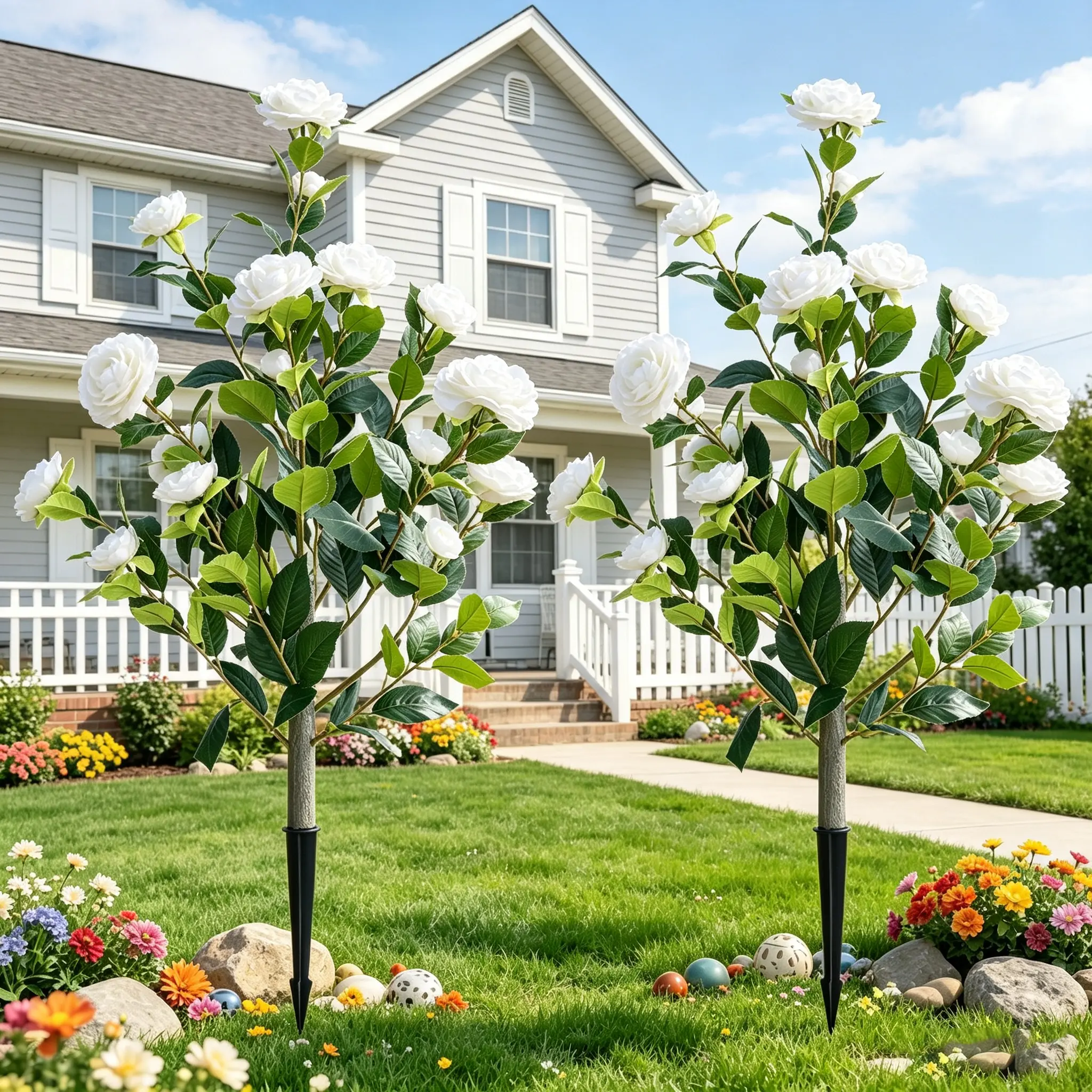 2-Pack 3.3FT Real Touch White Camellia Ground Stake Artificial Plants, Lightweight Waterproof Weather-Resistant UV-Protected Faux Bush Picks for Farmhouse Landscape, Grave Decor