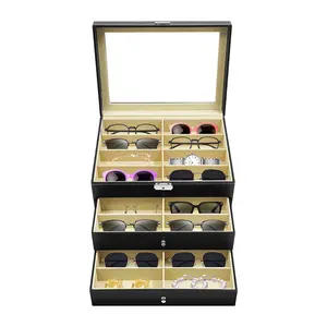 24-Compartment 3-Tier Eyeglasses Display Case with Glass Lid & Lock PU Leather Storage Box for Sunglasses Jewelry Watches Dustproof Organizer for Home Optical Shop