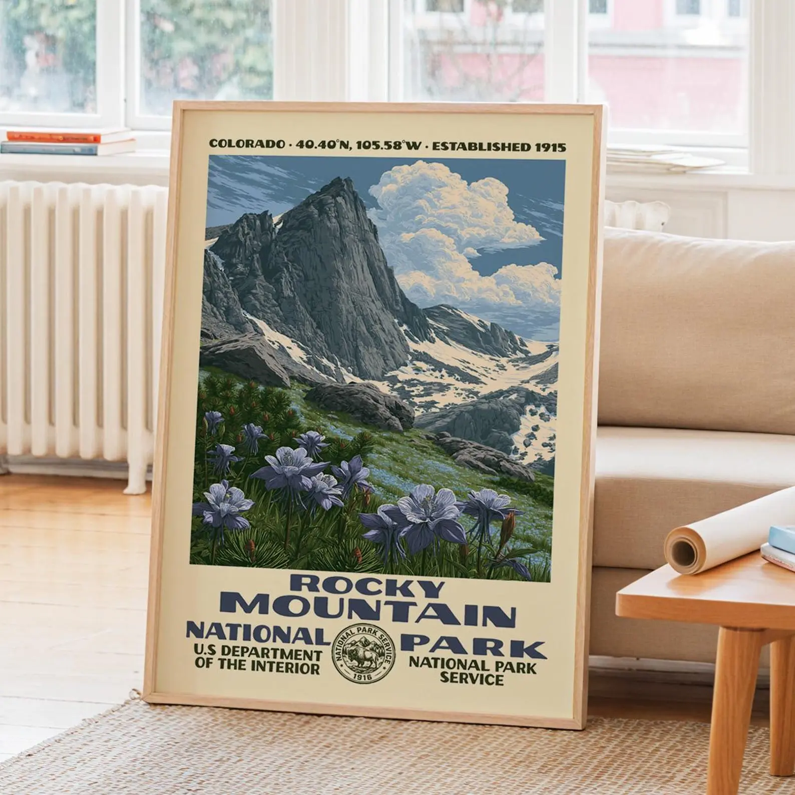 Vintage Rocky Mountain National Park Poster, Retro Colorado Landscape Print, Columbine Floral Decor, Unframed Nature Art