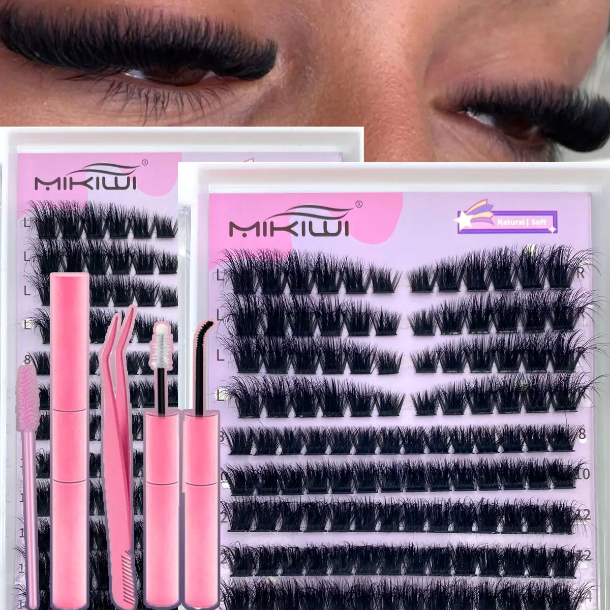MIKIWI Evil 150D Black Cosmetic Cluster Lashes, Extra-Thick Fluffy Lash Clusters, Lightweight Soft DIY Eyelash Extensions with Glue, Tweezers & Brush for Home Use, Salon-Quality Long-Lasting Makeup Look