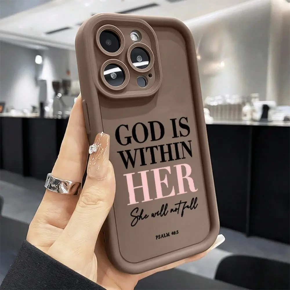 Christian Psalm 46:5 Phone Case for iPhone 11 12 13 14 15 16 E 17 Pro Max Plus Mini & Samsung S21-S26, A13 - A54, Note 20, "God Is Within Her She Will Not Fall" Inspirational Quote, Brown Matte Shockproof Cover for Women, Tpu, Multi-Model, Accessories, Sm