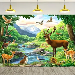 60in x 40in Reusable Deer & Lake Scene Backdrop - Durable Polyester, No Power Needed, Easy Hang for Garden & Carnival Decor, Deer Home Decor