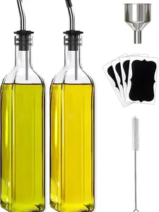 Olive Oil Dispenser Bottle 2 Pcs Glass with 2 Stainless Steel Pourers 4 Labels 1 Brush & 1 Funnel 500ml for Kitchen Cooking