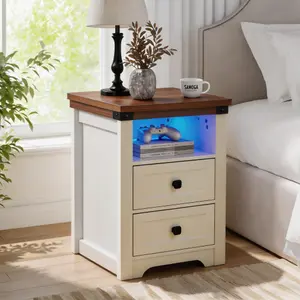 White Rustic Bedside Table with USB Ports & Open Shelf