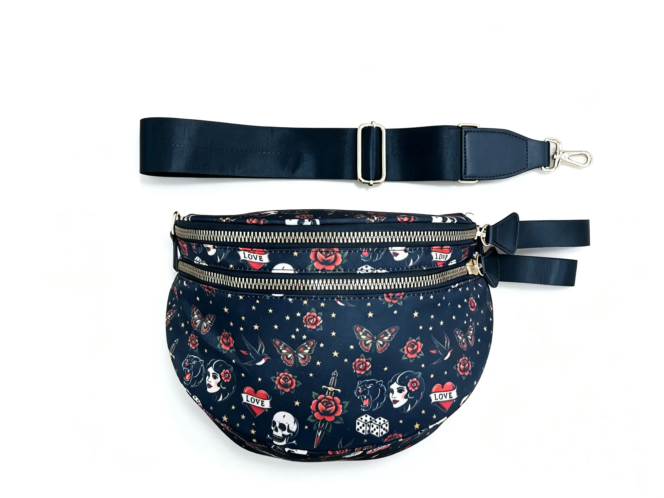 [CC SHOP]Women Retro Tattoo Print Crossbody Fanny Pack Bag, Gothic Skull Rose Butterfly Pattern Crescent Sling Chest Bag, Adjustable Strap Lightweight Waterproof Nylon Shoulder Waist Bag with Detachable Skull Charm Pendant