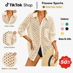 Fisoew Sports 2026 summer Spring Womens Hollow Out Swimsuit Coverup Shirt Button Down Bathing Suit Cover Ups Beachwear
