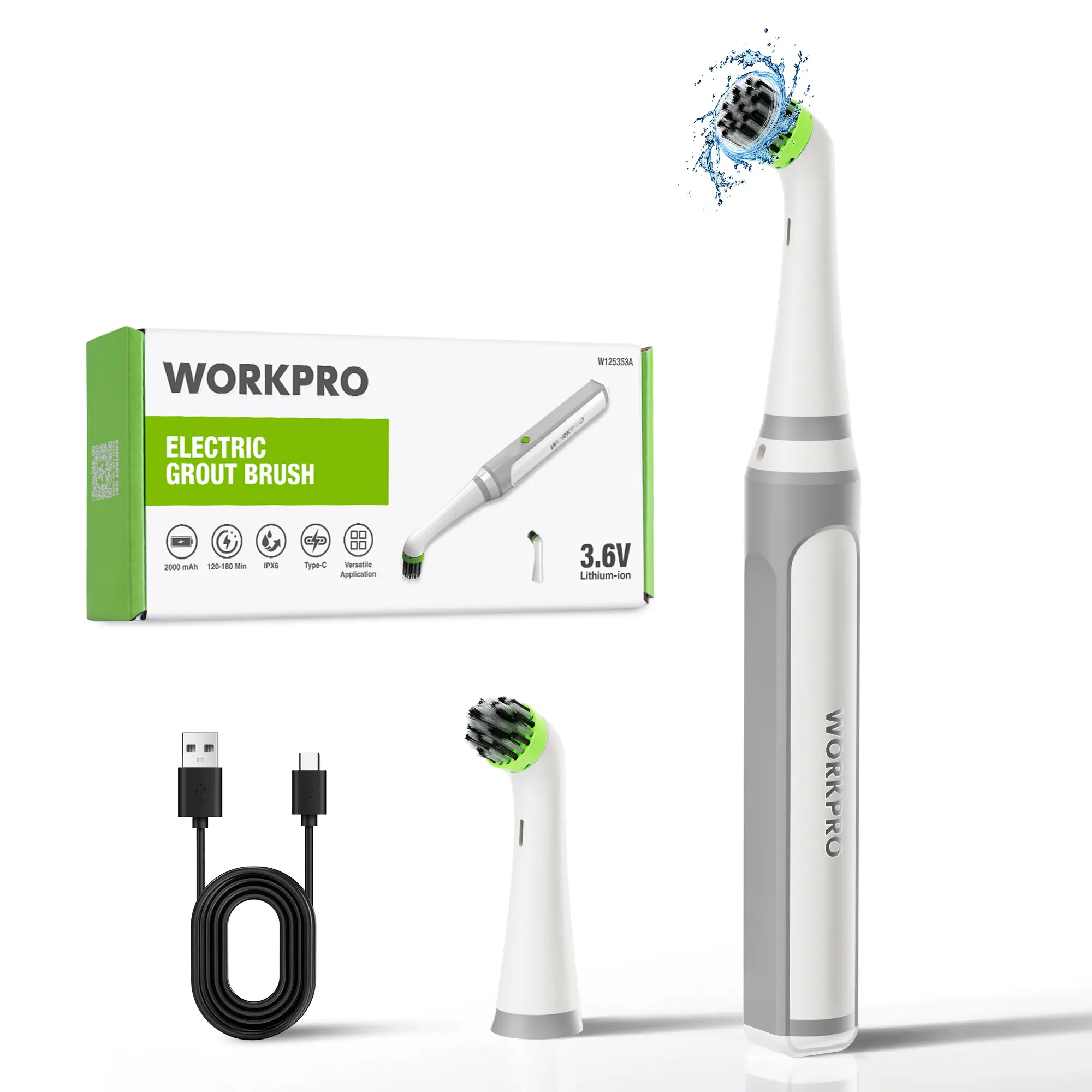 #BacktoSchool WORKPRO Cordless Grout Brush Set, 5500RPM Power Scrubber, IPX6 Waterproof Electric Scrubber with Type-C Charging Cable and Replaceable Brush Heads for Cleaning Grout, Tiles, Grime, and Crevices