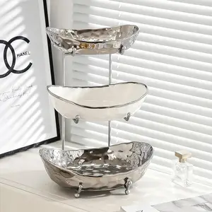 Kitchen countertop fruit bowl -3-layer ceramic container with metal frame, layered fruit basket for storing fruits, vegetables, snacks, nuts, cakes, desserts, small and cute