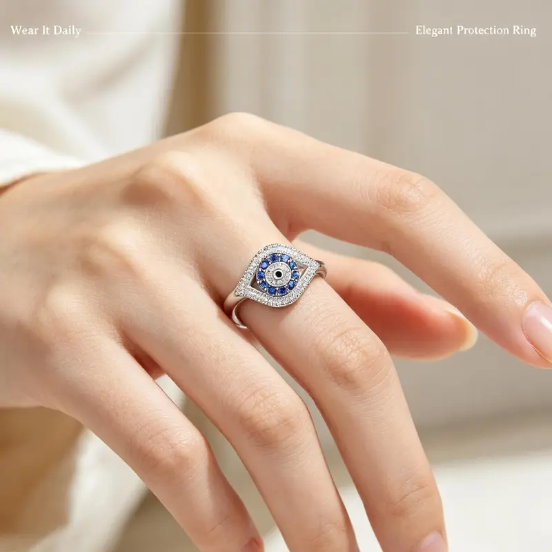 Women's Gold-Plated Copper Alloy Blue Evil-Eye Geometric Design Graphic Ring - Clear+Blue Artificial Zircon, Stackable Dainty Chic Daily Shine Costume Jewelry, Wedding/Anniversary Gift for Her