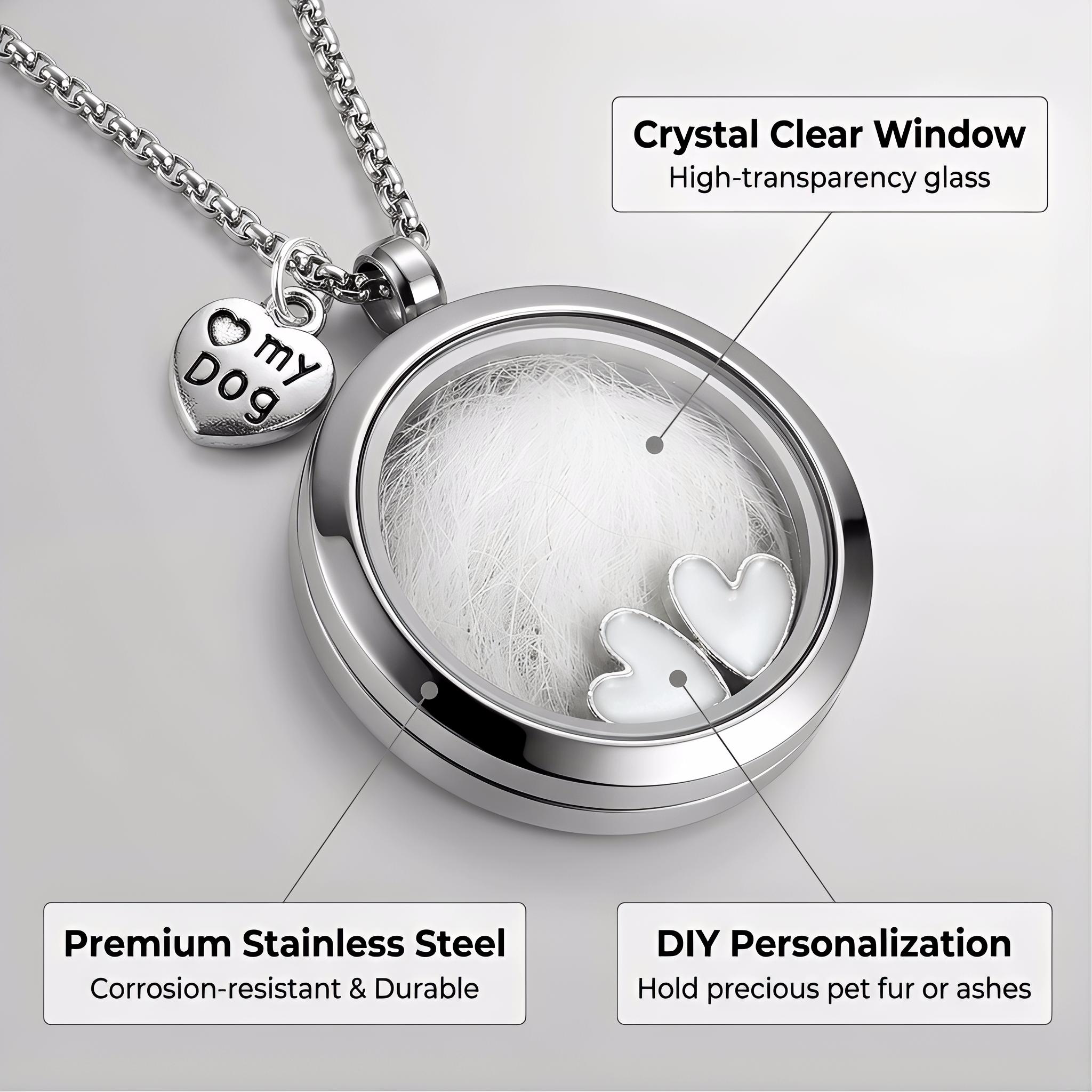 Pet Memory Locket Necklace for Dog/Cat Owners, Waterproof Stainless Steel Pet Hair Keepsake, Pet Memorial Gift for Her/Him