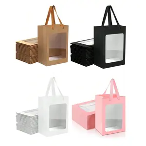 5 Pack of Transparent Window Kraft Paper Gift Bags 9.84 Inch x 7 Inch x 5.12 Inch with Handles, Party Gift Packs, Gift Wrapping Supplies, Gift Decoration Ideal for Birthday Christmas Party Weddings Small Gifts