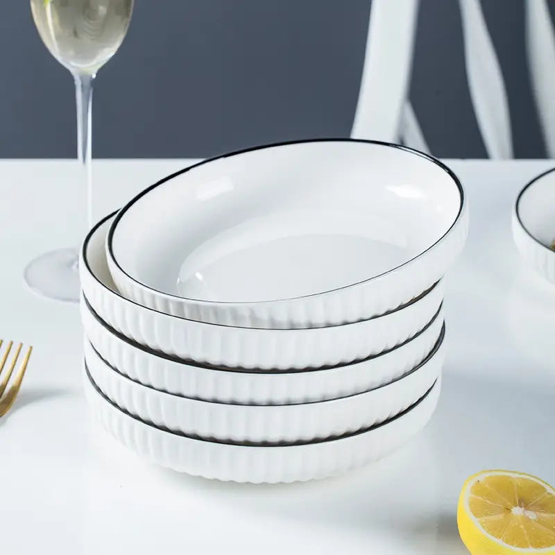 5 Modern Ceramic Plates Set, Serving Plates, 8 Inch Round Dinnerware, Japanese Nordic Style Soup Plate, Microwave & Oven Safe, Dishwasher Safe Tableware, Food Tableware, Suitable for Home Restaurant Hotel