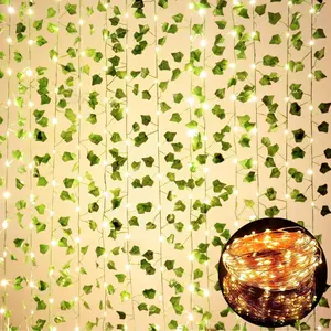 12 Pack Artificial Ivy Garland Fake Plants, Vine Hanging Garland with CE Certified 80 LED String Light, Hanging for Home Bedroom Garden Party Wedding Wall Room Decor, Each 7ft long with 80 leaves, Totaling 84ft,Outside,Outdoors,Waterproof,Sunscreen,Green