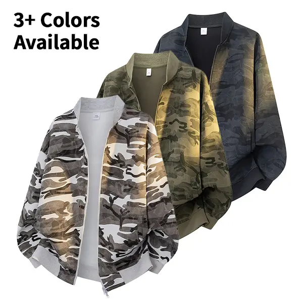 Men’s regular-fit camouflage jacket with a baseball collar; textured woven fabric with ribbed cuffs and a smooth front zipper with a mid-length closure. Suitable for autumn city commuting and everyday outings. Available in three or more camouflage pattern