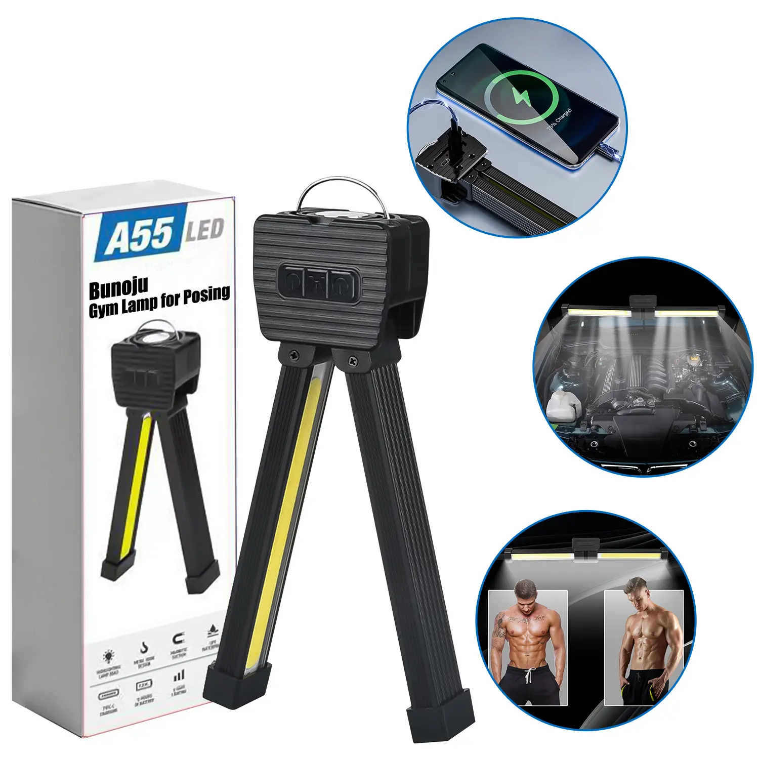 Magnetic LED Gym Posing Light - Portable USB Rechargeable Work Tool with Hanging Hook, 180° Folding Grip, 7-Gear Dimming, Ideal for Photography, Hiking/Light Outdoor & Magnetic Grip Job Site Needs