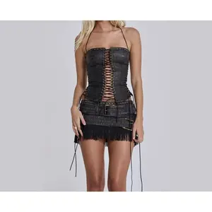 Hollow Out Strap Leather Bustier Vest Dark Y2K Style Hot Girl Camisole Tube Top Womenswear Basic