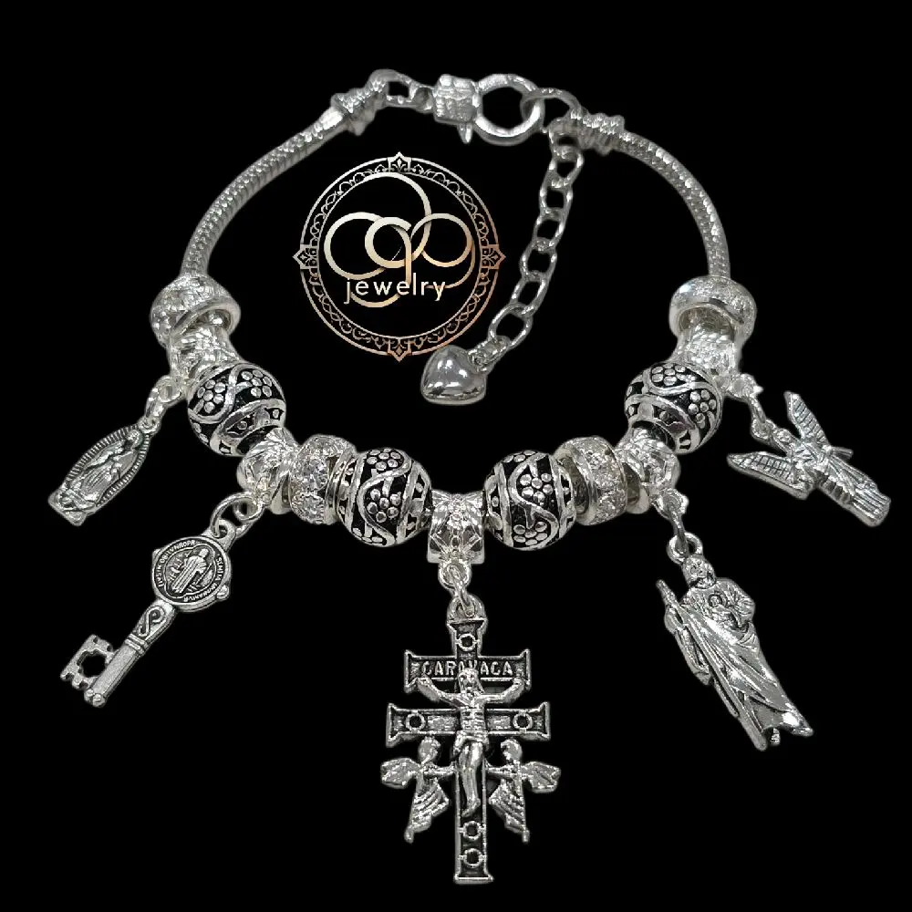 San Miguel Arcangel, San Judas Tadeo, Cruz de Caravaca, San Benito key, Virgen de Guadalupe, Silver bracelet (you can add charms)